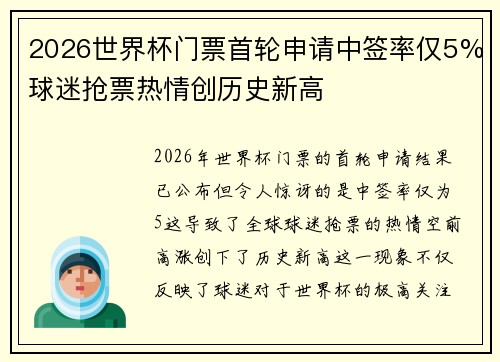 2026世界杯门票首轮申请中签率仅5%球迷抢票热情创历史新高