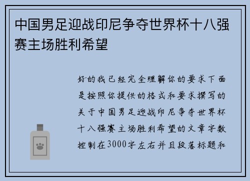 中国男足迎战印尼争夺世界杯十八强赛主场胜利希望